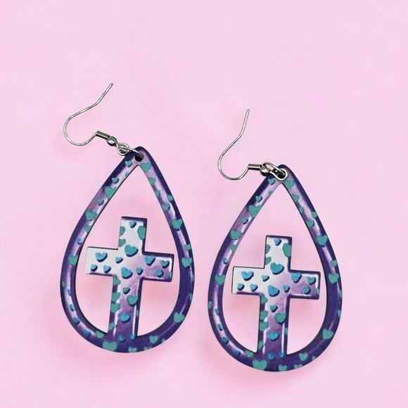 Wood Cross Purple & Blue Teardrop Earrings - Picture 3 of 3